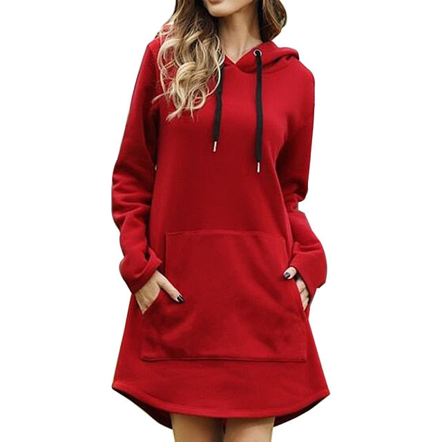 SHUJIN Vintage Women Spring Dress Hooded Long Sleeve Loose Casual 3XL Plus Size Dress Retro Ladies Pocket Tube Midi Dresses