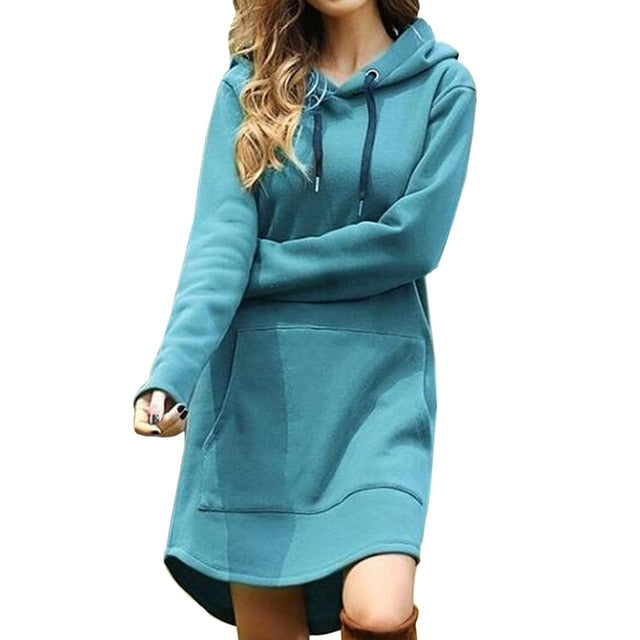 SHUJIN Vintage Women Spring Dress Hooded Long Sleeve Loose Casual 3XL Plus Size Dress Retro Ladies Pocket Tube Midi Dresses