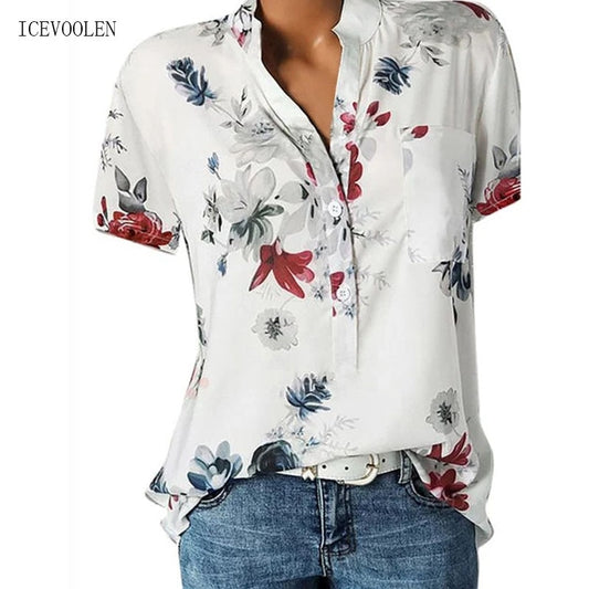 Elegant women's shirt printing large size casual shirt fashion V-neck short-sleeved shirt blouse