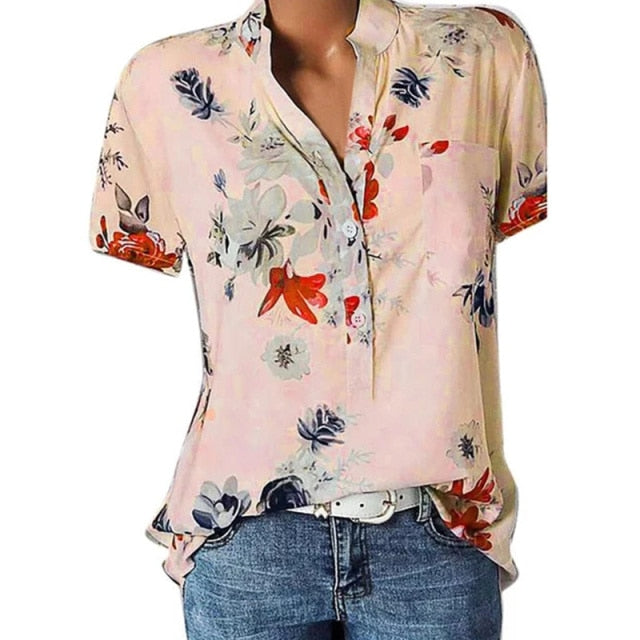 Elegant women's shirt printing large size casual shirt fashion V-neck short-sleeved shirt blouse