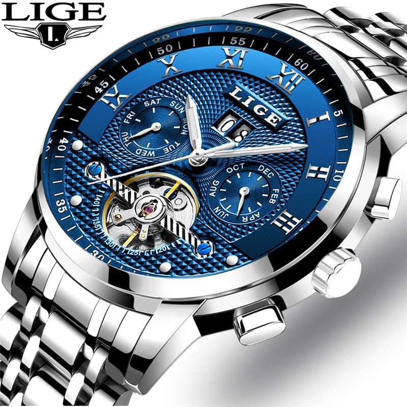 LIGE Mens Watches Fashion Top Brand Luxury Business Automatic Mechanical Watch Men Casual Waterproof Watch Relogio Masculino+Box