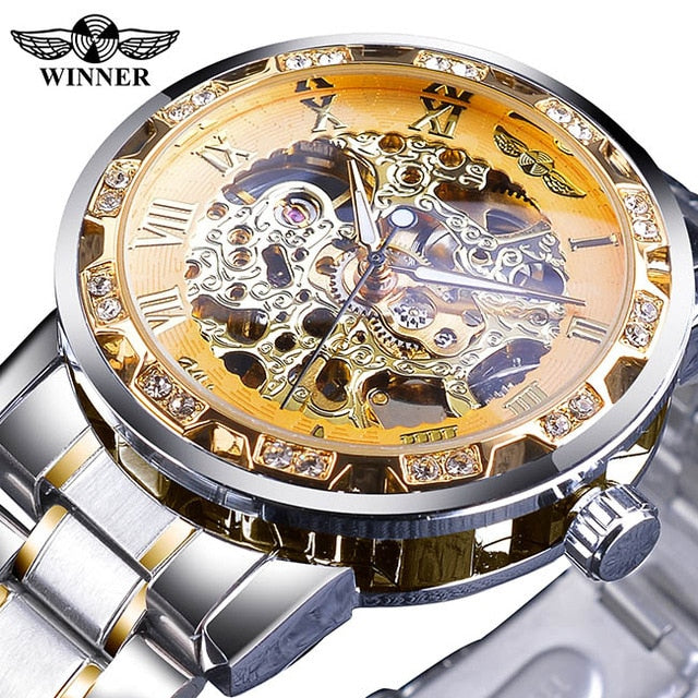 Winner Transparent Fashion Diamond Luminous Gear Movement Royal Design Men Top Brand Luxury Male Mechanical Skeleton Wrist Watch