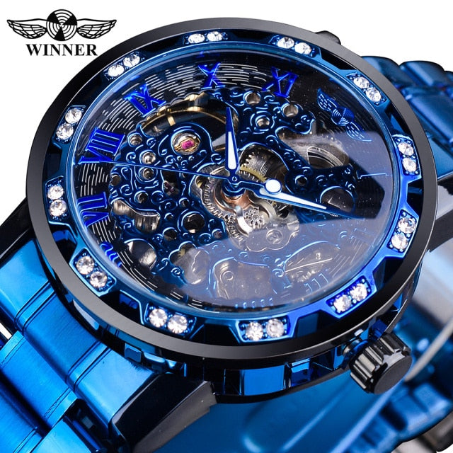 Winner Transparent Fashion Diamond Luminous Gear Movement Royal Design Men Top Brand Luxury Male Mechanical Skeleton Wrist Watch