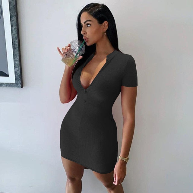 Women Winter Fall Bodycon Ribbed Dress 2020 New Stand Collar Zipper Deep V-neck Solid Stretch Bodycon Pencil Party Mini Vestido