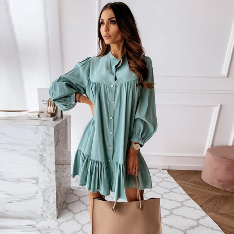 Women Vintage Ruffled Front Button A-line Dress Long Sleeve Stand Collar Solid Elegant Casual Mini Dress 2021 Spring New Dress