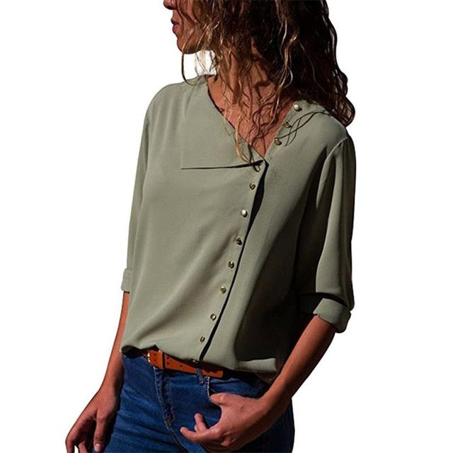 Women Tops And Blouses 2020 Fashion Long Sleeve Skew Collar Chiffon Blouse Casual Tops Plus Size Elegent Work Wear Shirt