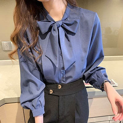 New Bow White Blouse Women 2020 Button Office Lady Long Sleeve Blue Chiffon Shirt Autumn Tops Woman Clothes Pocket Womens Shirts