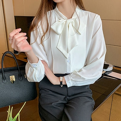 New Bow White Blouse Women 2020 Button Office Lady Long Sleeve Blue Chiffon Shirt Autumn Tops Woman Clothes Pocket Womens Shirts