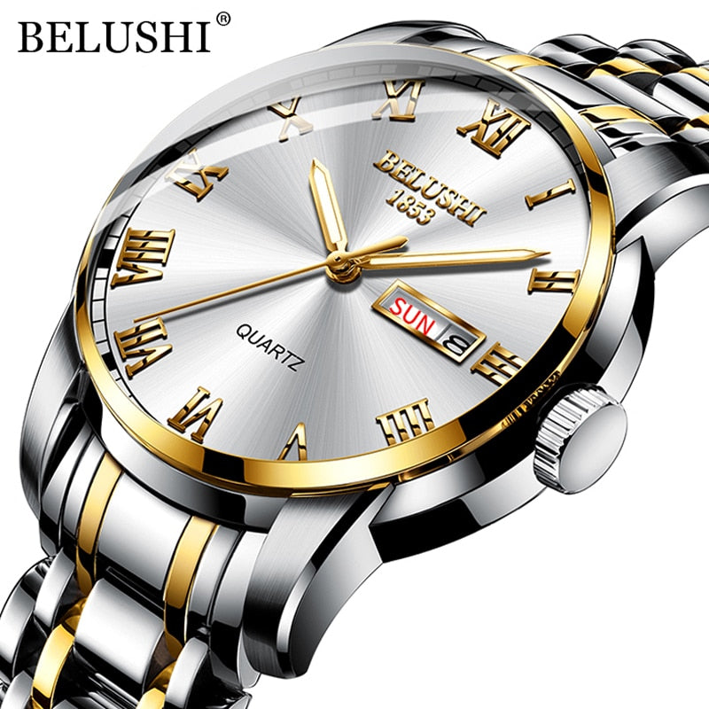 BELUSHI Men's Fashion Business Quartz Wrist Watches Stainless Steel Waterproof Analog Watch Men Calendar Clock 2021 New Watches