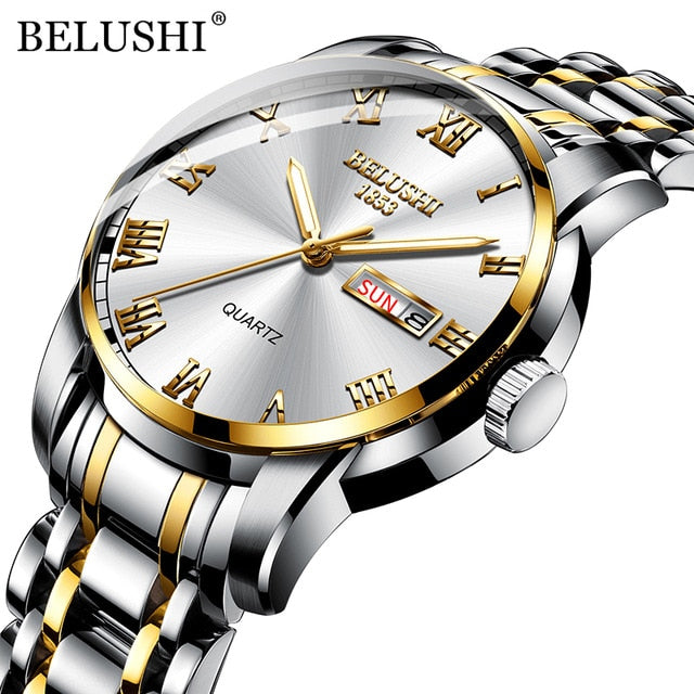 BELUSHI Men's Fashion Business Quartz Wrist Watches Stainless Steel Waterproof Analog Watch Men Calendar Clock 2021 New Watches