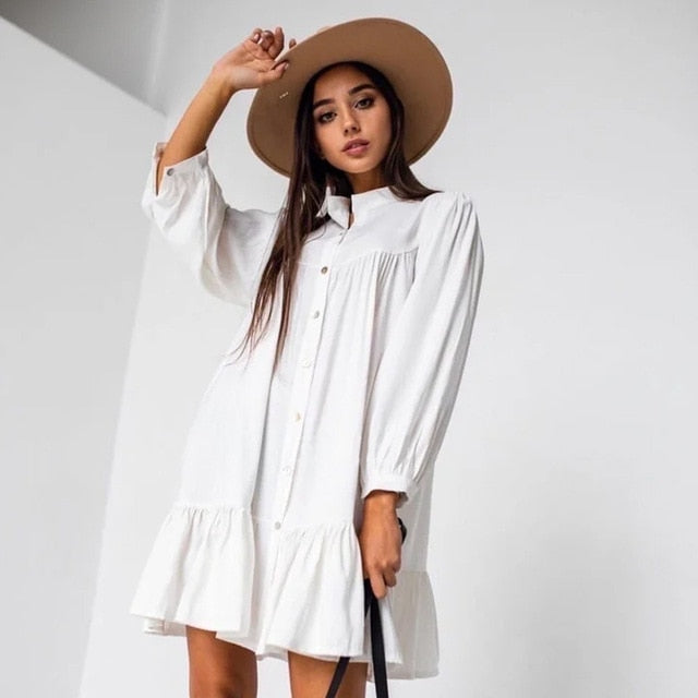 Women Vintage Ruffled Front Button A-line Dress Long Sleeve Stand Collar Solid Elegant Casual Mini Dress 2021 Spring New Dress