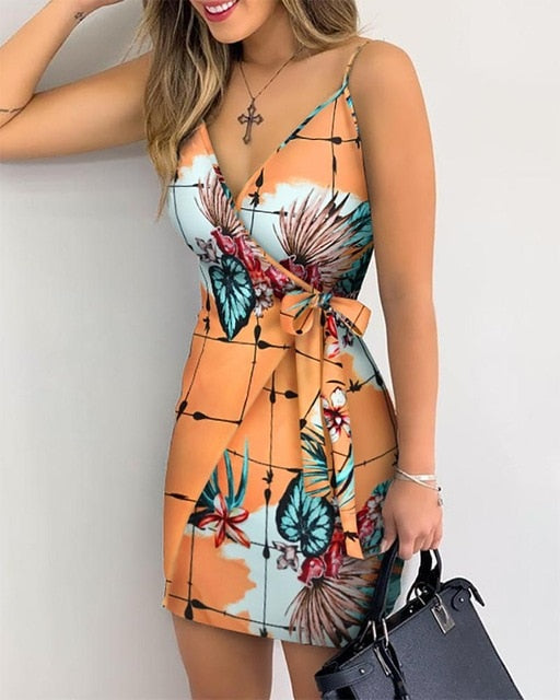 Tropical Print V-Neck Wrap Casual Dress Women Sleeveless Summer Holiday Mini Dress