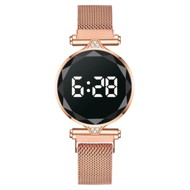 Luxury Digital Magnet Watches For Women Rose Gold Stainless Steel Dress LED Quartz Watch Female Clock Relogio Feminino Drop Ship