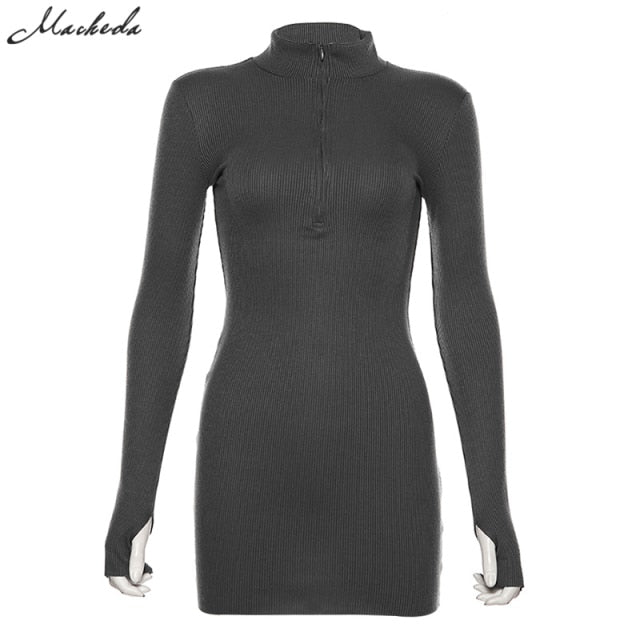 Macheda Autumn Winter Stretch Slim Soft Ribbed Knitted Turtleneck Dress Woman Fashion Solid Black Casual Bodycon Zip Dress