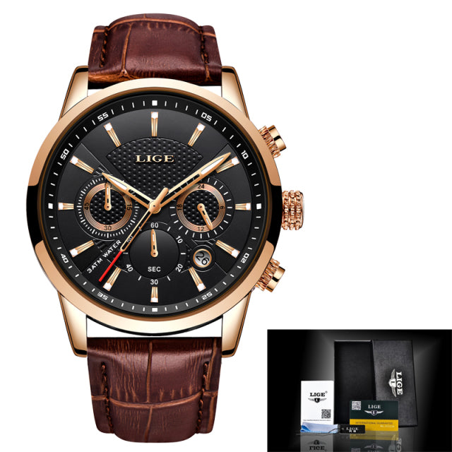 LIGE Business Mens Watches Brand Luxury Leather Waterproof Sport Quartz Chronograph Military Watch Men Clock Relogio Masculino