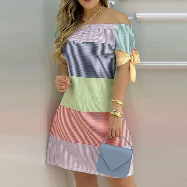 2022 Summer Slash Neck Dress Women Sexy Off Shoulder Striped Plaid Floral Print Mini Dress Casual A Line Party Dresses Vestidos