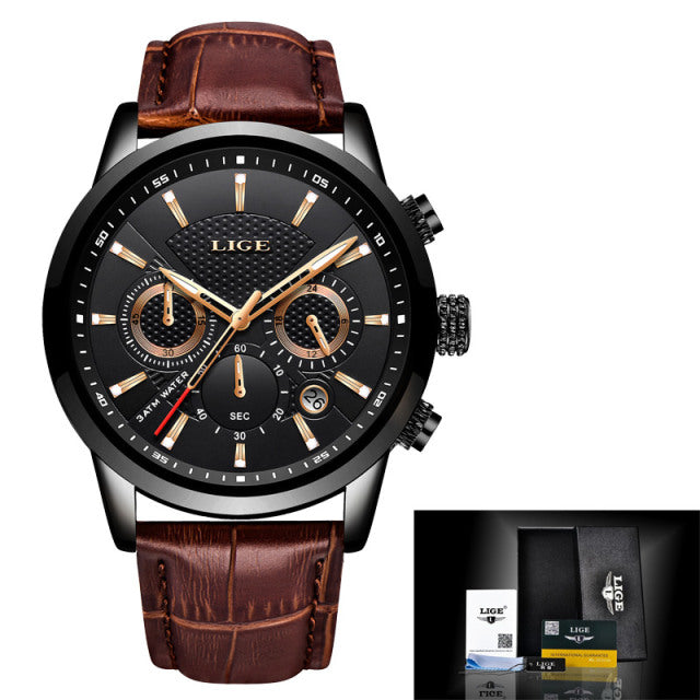 LIGE Men Watches 2022 New Fashion Leather Waterproof Luminous Top Brand Luxury Mens Quartz Wristwatch Men Relogio Masculino+box