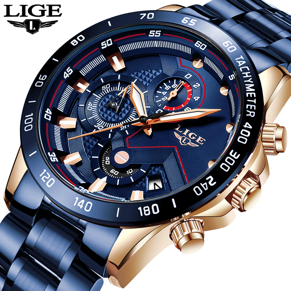 LIGE 2022 New Fashion Mens Watches with Stainless Steel Top Brand Luxury Sports Chronograph Quartz Watch Men Relogio Masculino