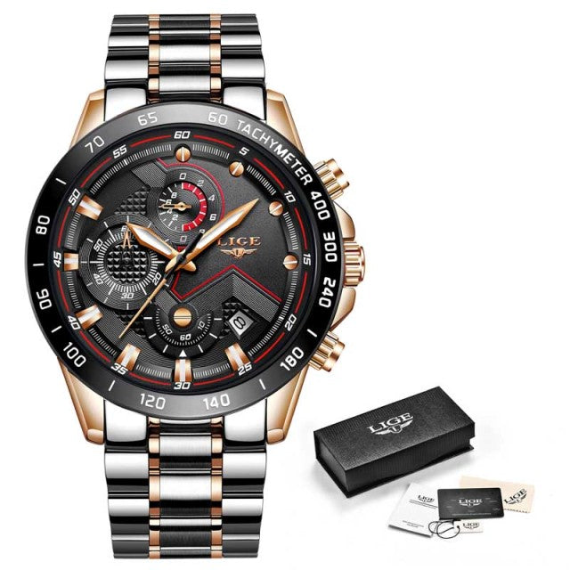 LIGE 2022 New Fashion Mens Watches with Stainless Steel Top Brand Luxury Sports Chronograph Quartz Watch Men Relogio Masculino